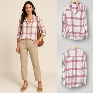 Velvet Heart Windowpane Print Shirt Size Medium Button Up Roll Tab Sleeve V Neck